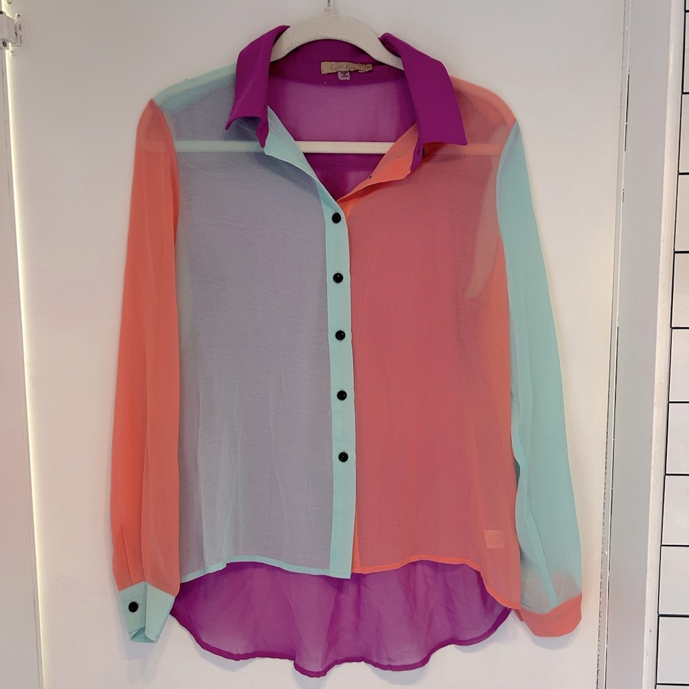 fun 2 fun - Sheer Colorblock Buttondown Hi-Low Blouse